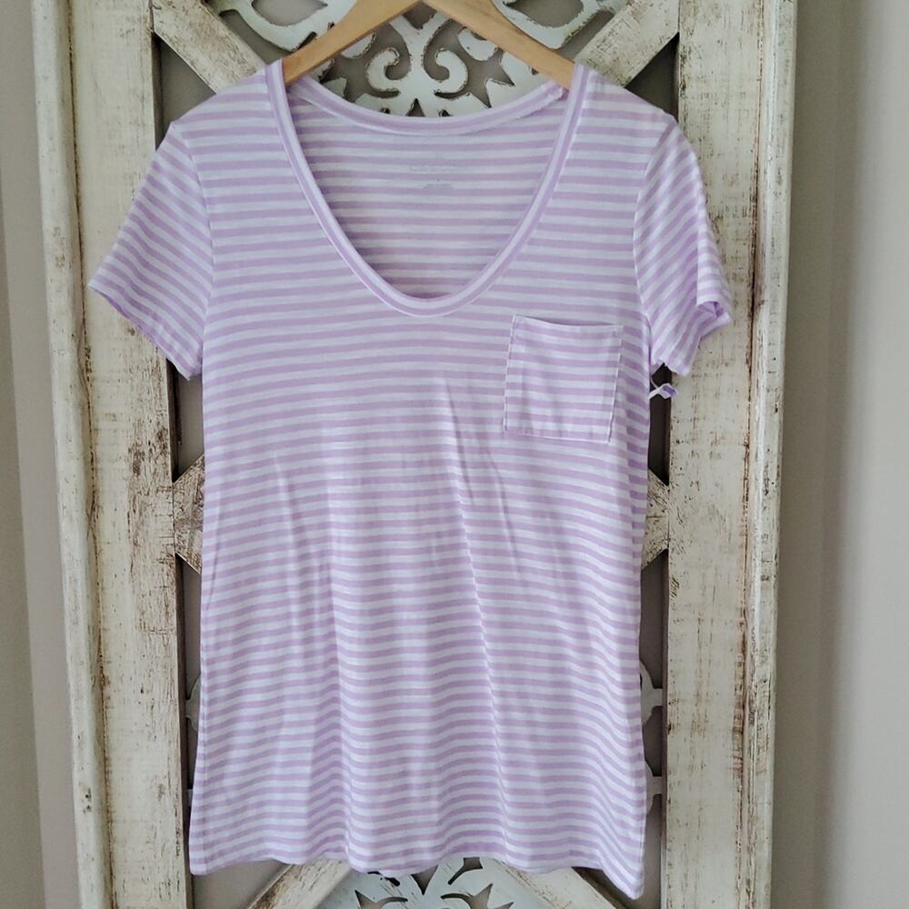 Caslon Purple White Stripe V‑Neck Pocket Tee T‑Shirt Women’s Small NWT